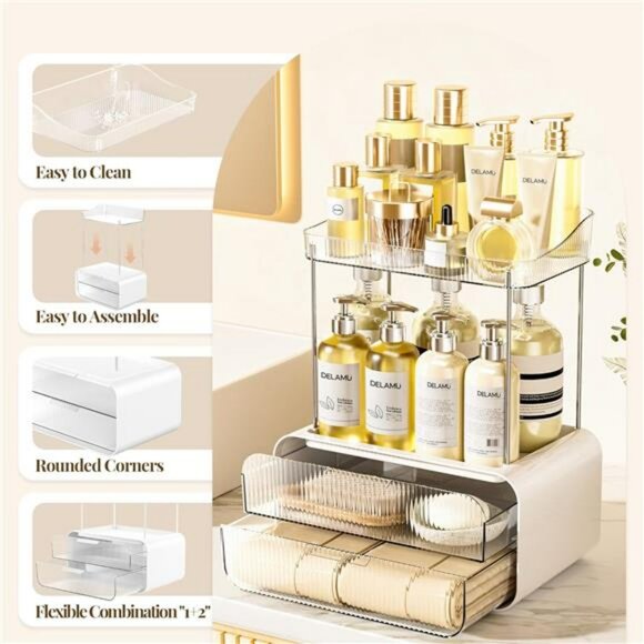 Clear Acrylic Makeup Organizer 2 Tier Vanity Drawer Skincare Storage - Picture 4 of 7